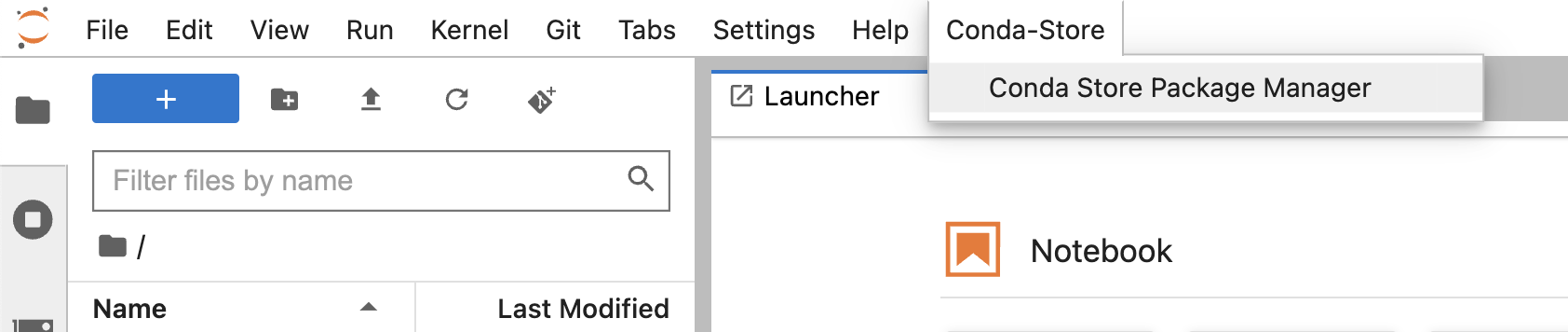 JupyterLab window&#39;s menu bar with conda-store at the end of the list containing the Conda Store Package Manager option